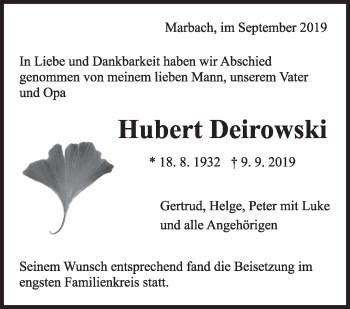 Traueranzeige von Hubert Deirowski von Marbacher Zeitung