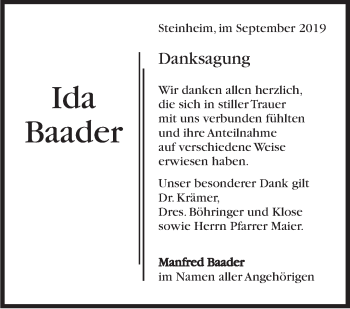 Traueranzeige von Ida Baader von Marbacher Zeitung