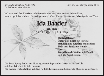 Traueranzeige von Ida Baader von Marbacher Zeitung