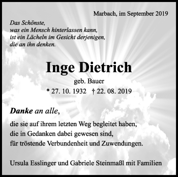 Traueranzeige von Inge Dietrich von Marbacher Zeitung