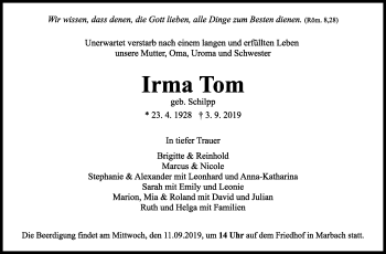 Traueranzeige von Irma Tom von Marbacher Zeitung