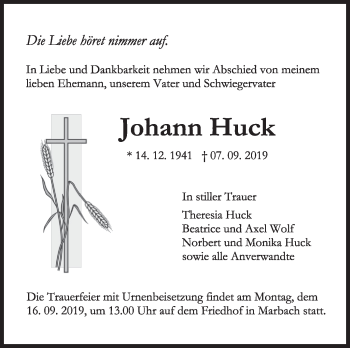 Traueranzeige von Johann Huck von Marbacher Zeitung