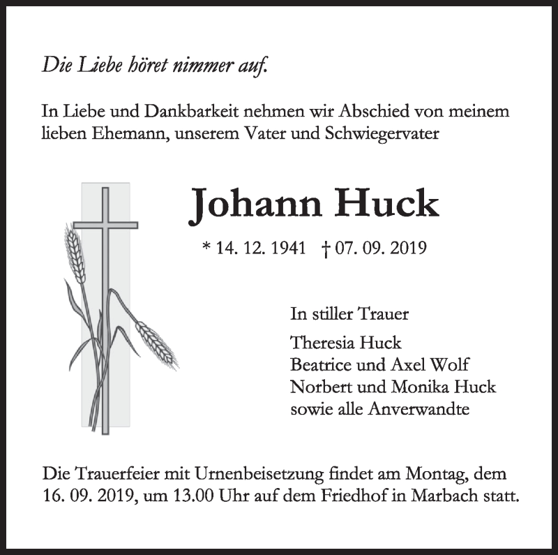  Traueranzeige für Johann Huck vom 12.09.2019 aus Marbacher Zeitung