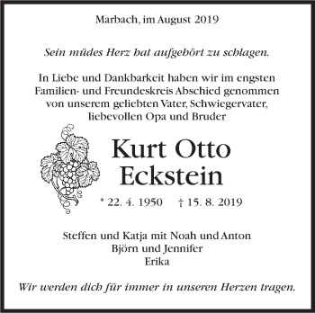 Traueranzeige von Kurt Otto Eckstein von Marbacher Zeitung