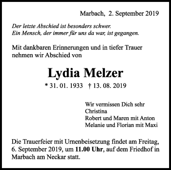 Traueranzeige von Lydia Melzer von Marbacher Zeitung