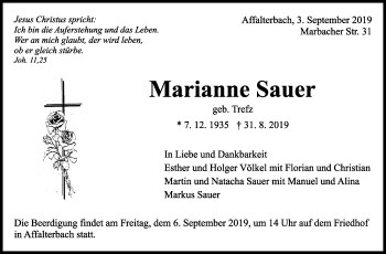 Traueranzeige von Marianne Sauer von Marbacher Zeitung