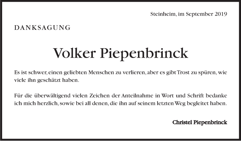  Traueranzeige für Volker Piepenbrinck vom 21.09.2019 aus Marbacher Zeitung