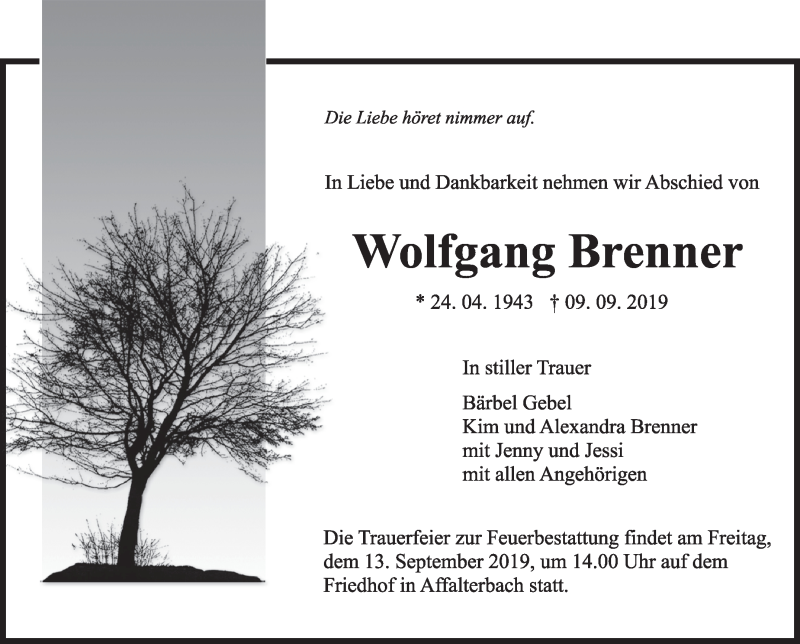  Traueranzeige für Wolfgang Brenner vom 11.09.2019 aus Marbacher Zeitung