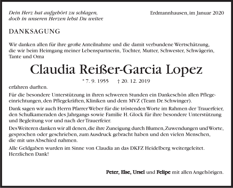  Traueranzeige für Claudia Reißer-Garcia Lopez vom 20.12.2019 aus Marbacher Zeitung