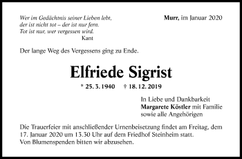 Traueranzeige von Elfriede Sigrist von Marbacher Zeitung
