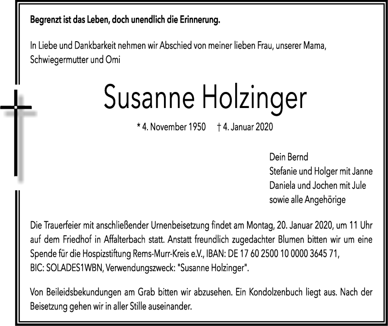  Traueranzeige für Susanne Holzinger vom 15.01.2020 aus Marbacher Zeitung