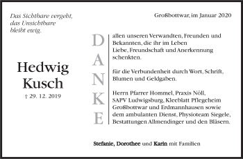 Traueranzeige von Hedwig Kusch von MARBACHER ZEITUNG