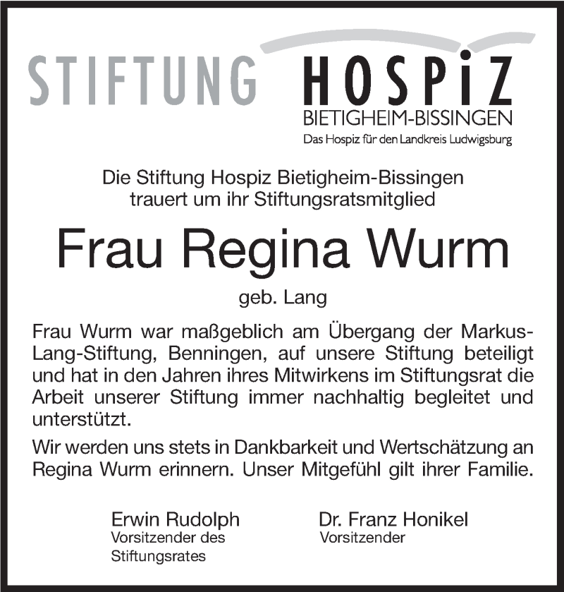  Traueranzeige für Regina Wurm vom 04.01.2020 aus Marbacher Zeitung