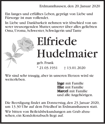 Traueranzeige von Elfriede Hudelmaier von Marbacher Zeitung