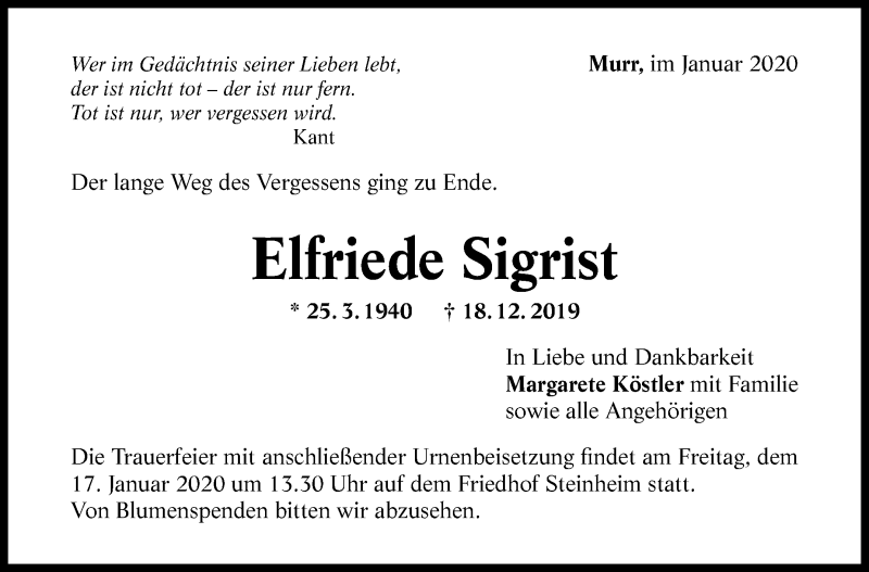  Traueranzeige für Elfriede Sigrist vom 13.01.2020 aus Marbacher Zeitung