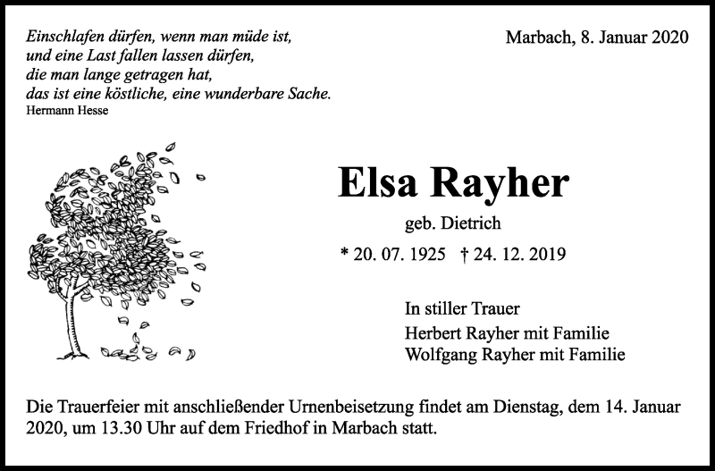 Traueranzeige für Elsa Rayher vom 08.01.2020 aus Marbacher Zeitung