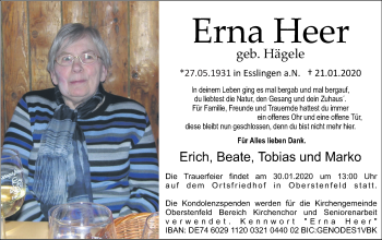 Traueranzeige von Erna Heer von Marbacher Zeitung