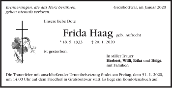 Traueranzeige von Frida Haag von Marbacher Zeitung