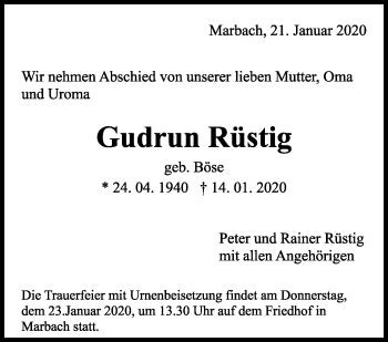 Traueranzeige von Gudrun Rüstig von Marbacher Zeitung