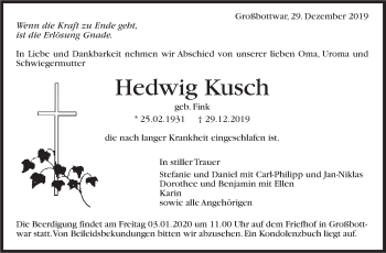 Traueranzeige von Hedwig Kusch von Marbacher Zeitung