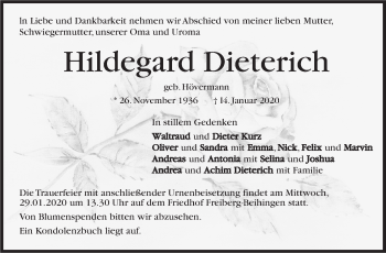 Traueranzeige von Hildegard Dieterich von Marbacher Zeitung