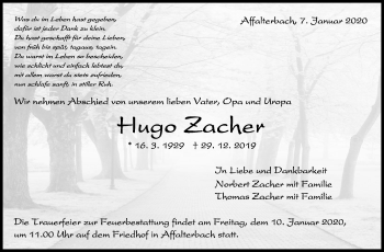 Traueranzeige von Hugo zacher von Marbacher Zeitung