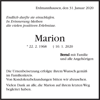 Traueranzeige von Marion  von Marbacher Zeitung