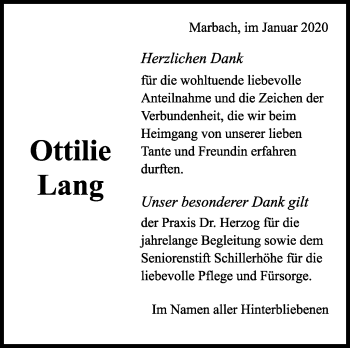 Traueranzeige von Ottilie Lang von Marbacher Zeitung