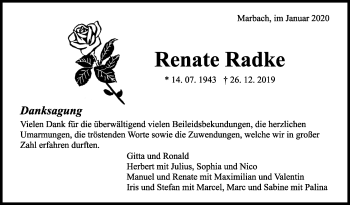 Traueranzeige von Renate Radke von Marbacher Zeitung