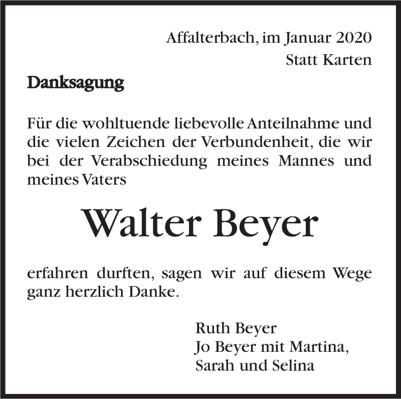  Traueranzeige für Walter Beyer vom 23.01.2020 aus Marbacher Zeitung
