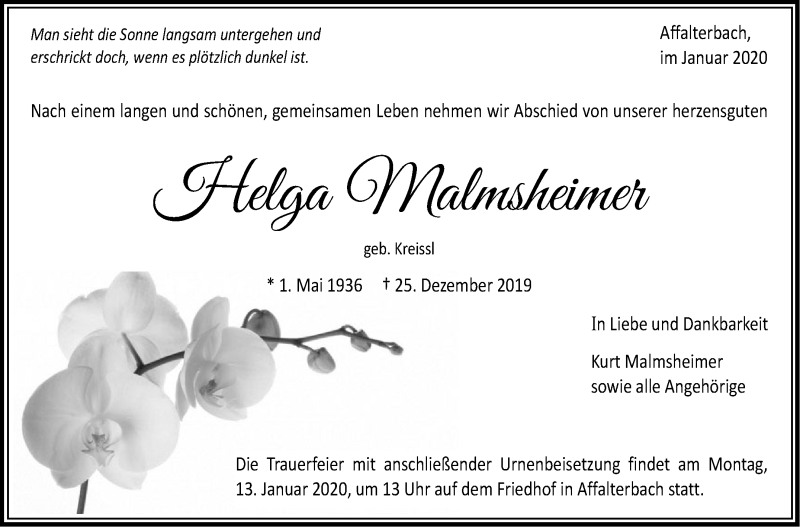  Traueranzeige für Helga Malmsheimer vom 07.01.2020 aus Marbacher Zeitung