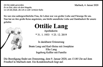 Traueranzeige von Ottilie Lang von Marbacher Zeitung