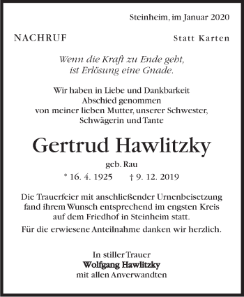 Traueranzeige von Gertrud Hawlitzky von Marbacher Zeitung