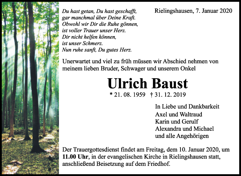  Traueranzeige für Ulrich Baust vom 07.01.2020 aus Marbacher Zeitung