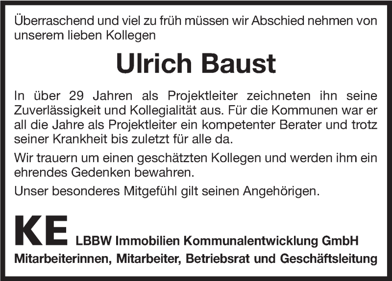  Traueranzeige für Ulrich Baust vom 07.01.2020 aus MARBACHER ZEITUNG