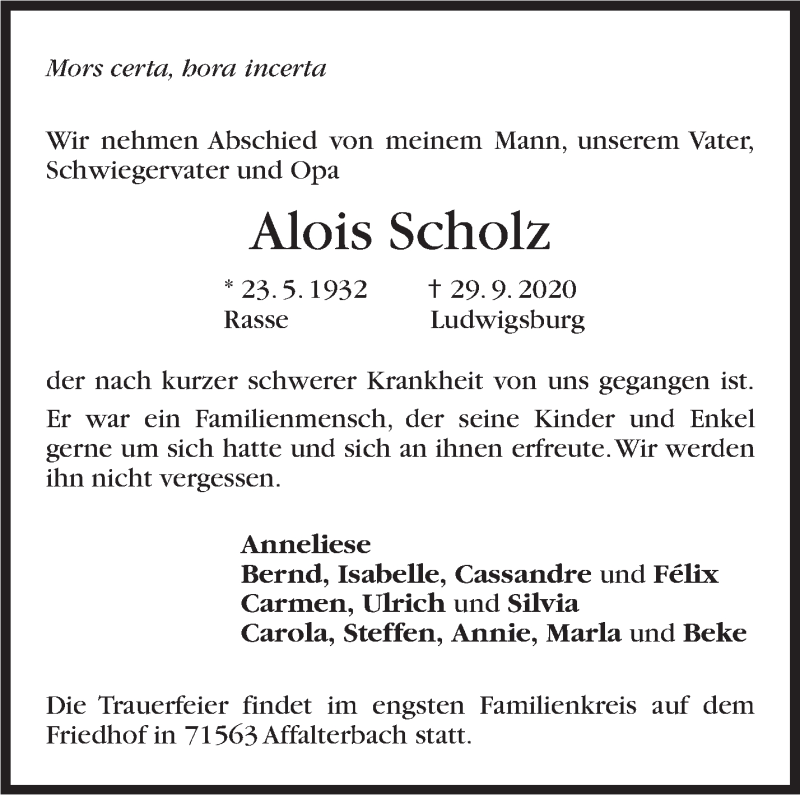  Traueranzeige für Alois Scholz vom 13.10.2020 aus Marbacher Zeitung