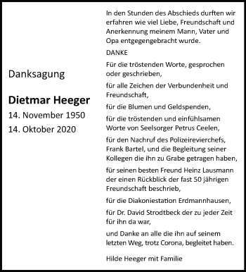 Traueranzeige von Dietmar Heeger von Marbacher Zeitung