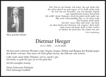 Traueranzeige von Dietmar Heeger von Marbacher Zeitung