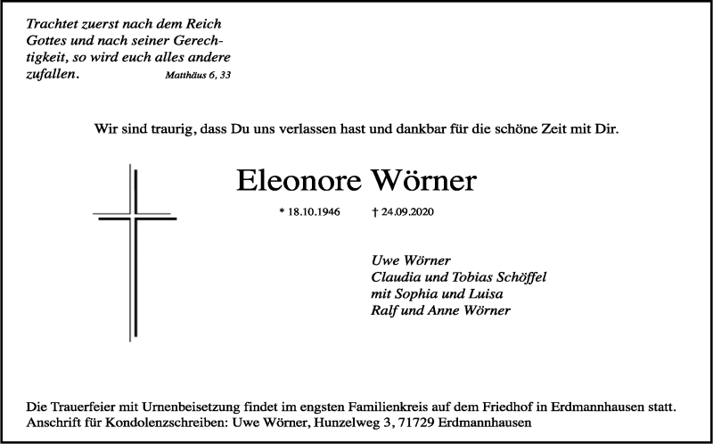  Traueranzeige für Eleonore Wörner vom 01.10.2020 aus Marbacher Zeitung