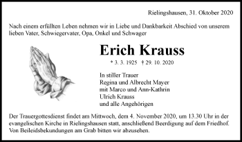 Traueranzeige von Erich Krauss von Marbacher Zeitung