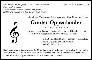 Traueranzeige von Günter Oppenländer von Marbacher Zeitung