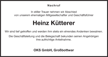 Traueranzeige von Heinz Kütterer von Marbacher Zeitung