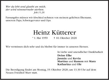 Traueranzeige von Heinz Kütterer von Marbacher Zeitung