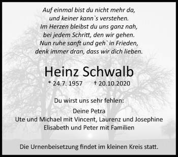 Traueranzeige von Heinz Schwalb von Marbacher Zeitung