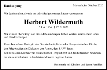 Traueranzeige von Herbert Wildermuth von Marbacher Zeitung