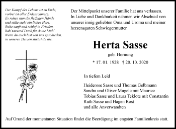 Traueranzeige von Herta Sasse von Marbacher Zeitung