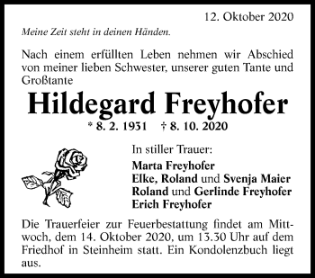 Traueranzeige von Hildegard Freyhofer von Marbacher Zeitung