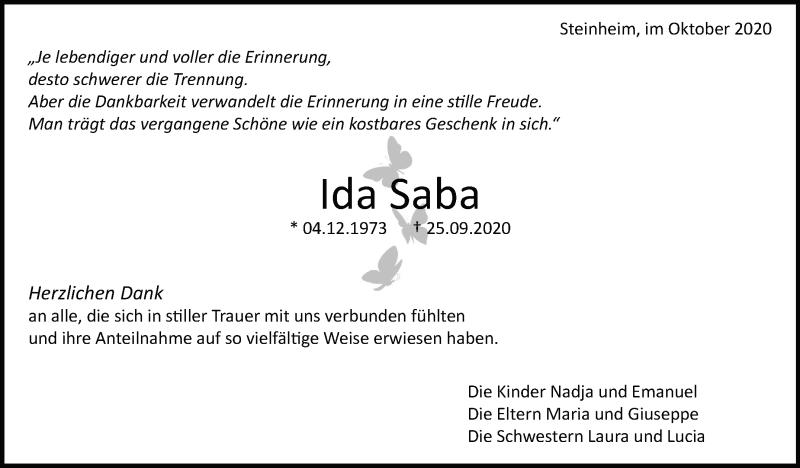  Traueranzeige für Ida Saba vom 29.10.2020 aus Marbacher Zeitung