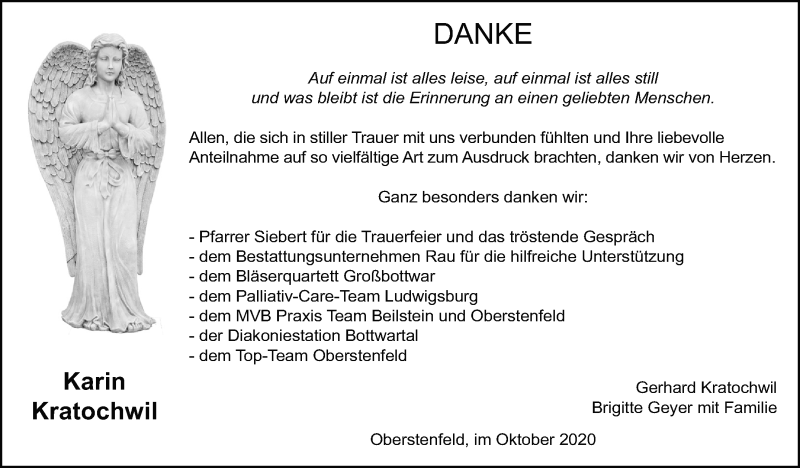  Traueranzeige für Karin Kratochwil vom 24.10.2020 aus Marbacher Zeitung