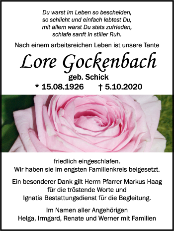 Traueranzeige von Lore Gockenbach von Marbacher Zeitung